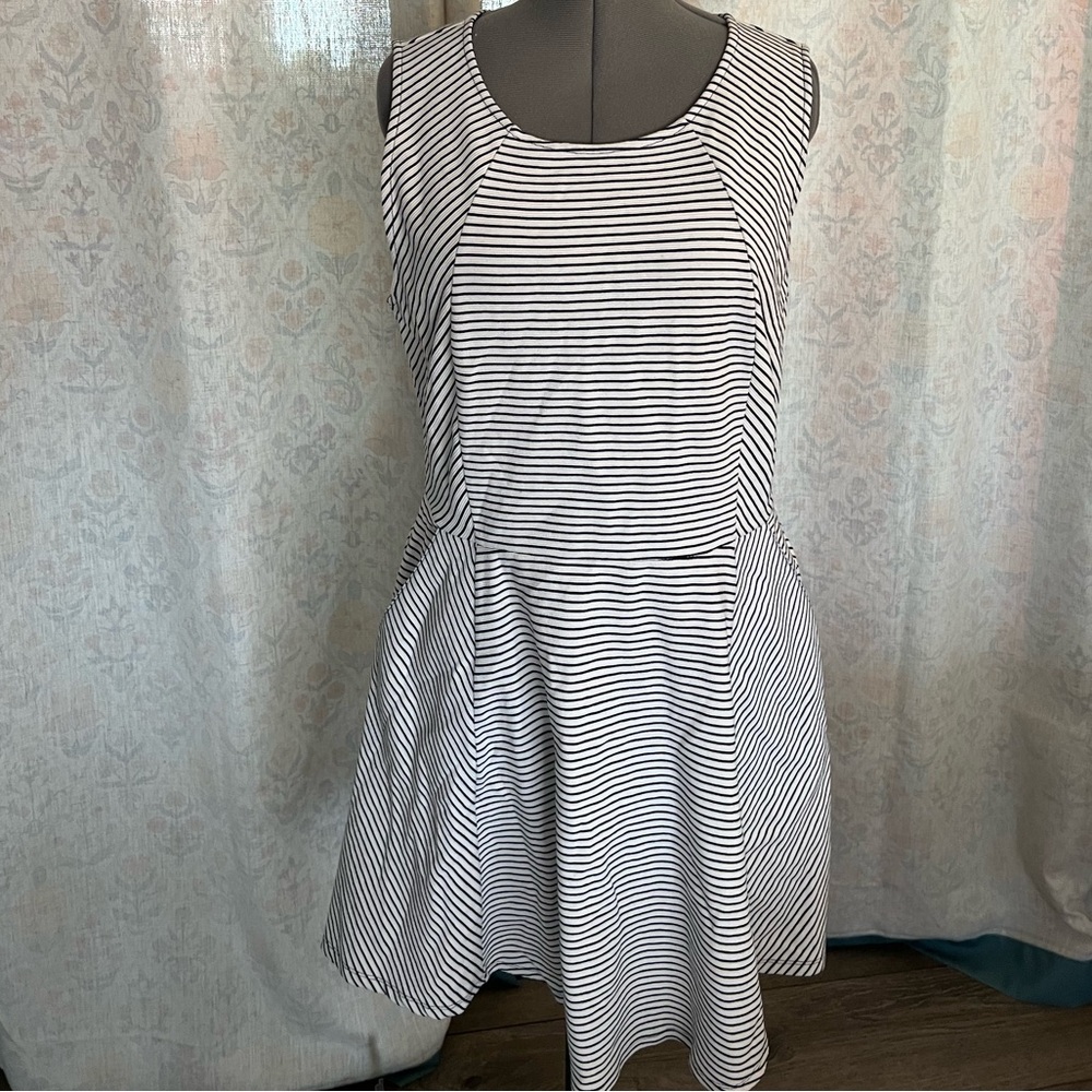Maison Jules Black and White Striped Midi Dress